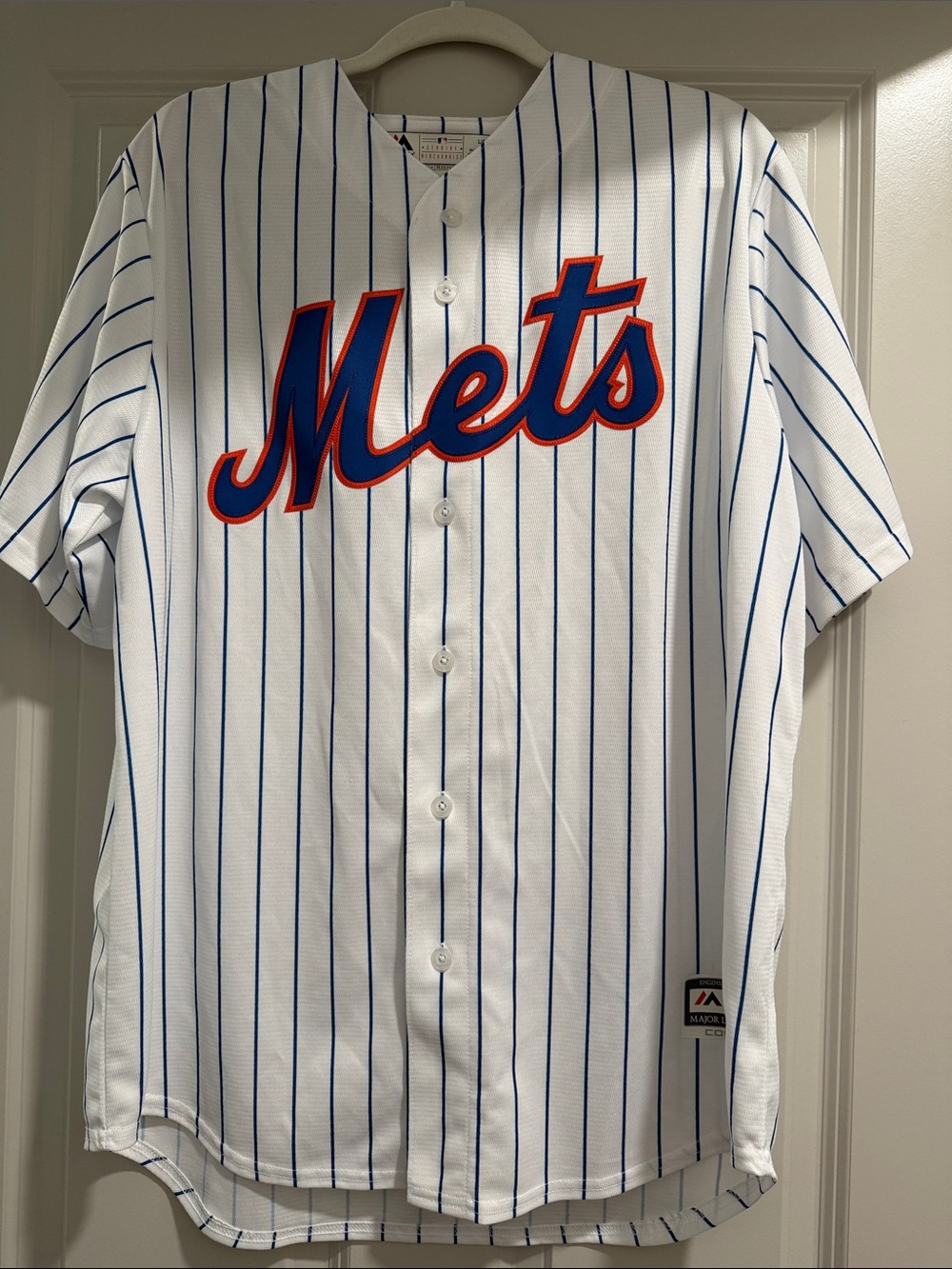 Majestic Mets White and Blue Pinstripe Baseball Jersey with Orange Trim